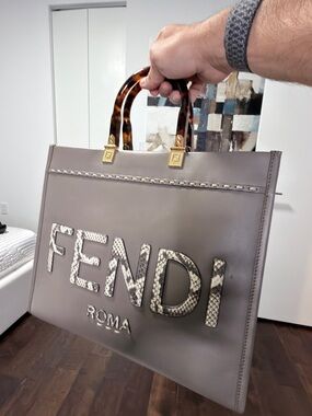Fendi Taupe Leather Tote with Python-Effect FENDI Letters